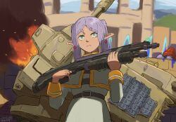  1girl alien aqua_eyes armor belt black_belt burning capelet caterpillar_tracks closed_mouth dated day earrings east-west_crossover elf frown gun halo_(series) halo_2 highres holding holding_gun holding_weapon jewelry kanokoga long_hair looking_up m90 military_vehicle motor_vehicle multiple_caterpillar_tracks orange_armor outdoors pointy_ears pump_action robe ruins scene_reference science_fiction scorpion_(halo) short_eyebrows shotgun signature sky smoke sousou_no_frieren tank twintails unggoy upper_body weapon white_capelet white_hair white_robe 
