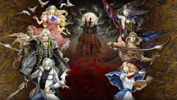  3boys 3girls alucard_(castlevania) architecture ascot bird book castle castlevania:_grimoire_of_souls castlevania_(series) charlotte_aulin dove fighting_stance floating_hair full_moon gothic_architecture grimoire holding holding_sword holding_weapon holding_whip kojima_ayami looking_at_another looking_at_viewer maria_renard moon multiple_boys multiple_girls night official_art rapier ringlets shanoa_(castlevania) simon_belmont soma_cruz sword third-party_source weapon whip 