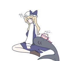  !? 1girl animalization axolotl belt biting biting_another's_tail black_belt blonde_hair boots bow brown_boots commentary dress english_commentary fins fish_tail hat hat_bow high_heel_boots high_heels long_hair long_sleeves loose_belt mob_cap no_noru purple_bow purple_dress shark_girl shark_tail shirt simple_background single_strap sitting tail touhou watatsuki_no_toyohime watatsuki_no_toyohime_(shark) white_background white_hat white_shirt yakumo_yukari yakumo_yukari_(axolotl) 