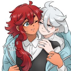  2girls artist_name black_vest blacktea_ajia blue_eyes blue_jacket commentary dated grey_eyes grey_hair gundam gundam_suisei_no_majo hand_on_another's_shoulder highres hug hug_from_behind jacket jewelry long_hair miorine_rembran multiple_girls one_eye_closed parted_lips ponytail red_hair ring shirt short_hair simple_background suletta_mercury thick_eyebrows vest wedding_ring white_background white_shirt wife_and_wife yuri 