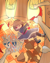  1other 2022 2d absurdres adapted_costume ambiguous_gender battle black_boots black_pantyhose black_shorts blue_dress blue_jacket bone boots brown_hair child digital_media double_horizontal_stripe drawstring dress duo floor frilled_dress frills frisk_(undertale) from_above gasterblaster genocide_route_(undertale) grey_hood hands_in_pockets highres holding holding_knife holding_weapon hollow_eyes hood hood_down hooded_jacket horizontal-striped_clothes human humanoid in-universe_location indoors jacket knife long_sleeves midair monster monster_boy open_clothes open_jacket other_focus pantyhose papyrus_(undertale) pillar pink_stripes red_eyes ruppina531 sans_(undertale) shirt short_hair shorts silhouette single_vertical_stripe skeleton skull solo_focus striped_clothes striped_dress striped_shorts teeth tiled_floor tiles two-tone_dress undead undertale utdr_(toby_fox) vertical-striped_clothes vertical-striped_shorts weapon white_shirt white_stripes 