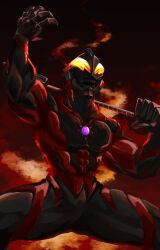  1boy abs absurdres alien arm_up black_skin claws color_timer colored_skin commentary cowboy_shot dai-kaijuu_battle_ultra_ginga_densetsu_the_movie dorsal_fin evil_smile fiery_background fire from_below giant giant_male giga_battlenizer glowing glowing_eyes gradient_background highres holding holding_behind_back holding_weapon holding_weapon_behind_back kintsuba_(kintsuba_08) looking_ahead male_focus multicolored_skin muscular muscular_male no_pupils open_mouth orange_eyes pectorals red_background red_skin smile solo teeth tokusatsu two-tone_skin ultra_galaxy_(series) ultra_series ultraman_belial weapon 