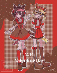  2girls agnes_tachyon_(umamusume) animal_ears asymmetrical_dress boots bow braid brown_hair closed_mouth clothing_cutout commentary_request crossed_bangs deformed dress earrings frilled_cuffs hair_between_eyes hair_bow hair_intakes hand_up highres horse_ears horse_girl horse_tail jewelry jungle_pocket_(umamusume) knee_boots layered_dress multiple_girls odag_18 one_eye_closed puffy_short_sleeves puffy_sleeves red_bow red_dress red_eyes red_socks short_sleeves shoulder_cutout single_earring smile socks tail tongue tongue_out twin_braids two_side_up valentine watermark wrist_cuffs yellow_eyes 