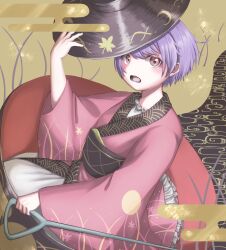 1girl bowl bowl_hat brown_sash commentary_request egasumi hands_on_headwear hasukappu hat highres holding holding_needle in_bowl in_container japanese_clothes kimono long_sleeves needle obi open_mouth pink_kimono purple_hair sash short_hair solo sukuna_shinmyoumaru touhou wide_sleeves yellow_background 
