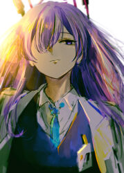  1girl absurdres black_sweater blue_archive closed_mouth coat collared_shirt commentary_request expressionless floating_headgear hair_over_one_eye halo headgear highres lab_coat lens_flare long_hair o_shiki open_clothes open_coat purple_hair purple_halo shirt simple_background solo sweater upper_body utaha_(blue_archive) violet_eyes white_background white_coat white_shirt 