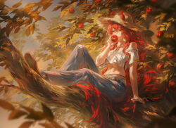  1girl apple arknights bare_shoulders boots breasts collarbone cropped_shirt denim eating food fruit full_body hat helen_zzhao highres holding holding_food holding_fruit horse horse_girl jeans long_hair looking_to_the_side narantuya_(arknights) pants red_eyes red_hair shirt sitting_on_branch small_breasts solo strapless strapless_shirt sun_hat tree white_shirt 