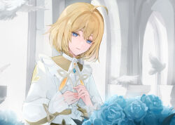  1boy ahoge androgynous aqua_gem architecture bird black_hair blonde_hair blue_flower blue_pupils blue_rose capelet closed_mouth colored_eyelashes commentary_request diamond-shaped_pupils diamond_(shape) dove empty_eyes expressionless flower frills gem genshin_impact hair_between_eyes hair_intakes hands_up ikhor_(genshin_impact) indoors jewelry leaf long_sleeves looking_at_viewer male_focus meruberos pendant puffy_long_sleeves puffy_sleeves rose shadow shirt short_hair solo sunlight symbol-shaped_pupils upper_body white_capelet white_shirt 