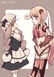  2girls ? apron black_bow blonde_hair bow braid commentary_request halo hand_on_own_hip hat highres long_hair looking_at_another magical_girl mahou_shoujo_ikusei_keikaku mahou_shoujo_ikusei_keikaku_limited mahou_shoujo_ikusei_keikaku_paradoxical_plot mahou_shoujo_ikusei_keikaku_restart maid multicolored_halo multiple_girls nokko-chan rain_pow red_eyes socks twin_braids v8y_vkaname white_socks 
