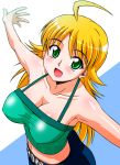  armpits belt blonde_hair blush breasts camisole cleavage crop_top from_above green_eyes hoshii_miki idolmaster large_breasts long_hair looking_up midriff navel no_bra outstretched_arms rikumoto_yoshiyuki solo spread_arms 