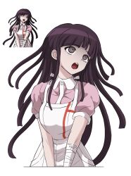  1girl :o absurdres apron bandaged_arm bandages black_hair blunt_bangs blunt_ends breasts collared_shirt commentary_request cowboy_shot crazy_eyes cropped_legs danganronpa_(series) danganronpa_2:_goodbye_despair eyelashes floating_hair head_tilt highres large_breasts lelie_(lelie_link) long_hair looking_up nurse open_mouth photo-referenced pink_shirt puffy_short_sleeves puffy_sleeves ringed_eyes shaded_face shirt short_sleeves simple_background solo spoilers teeth tsumiki_mikan upper_teeth_only upturned_eyes very_long_hair white_apron white_background 
