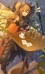  ! !! 1girl :d absurdres angelina_(arknights) animal_ear_fluff animal_ears arknights arknights:_endfield black_gloves black_thighhighs bracelet breasts brown_hair cafe camera chair coat coffee_maker commentary_request digital_camera dotted_line dress elbow_gloves fang flower fox_ears fox_girl full_body gilberta_(arknights) gloves grey_dress hair_between_eyes head_rest headpiece high_collar highres holding holding_camera indoors infection_monitor_(arknights) jewelry letter lily_(flower) long_hair long_sleeves looking_at_viewer medium_breasts off_shoulder open_clothes open_coat red_coat revision shelf sitting sleeveless sleeveless_dress smile solo staff table thigh-highs twintails uzu_(malese0202) vase wax_seal white_flower wooden_chair wooden_table 