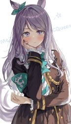  1girl absurdres animal_ears aqua_bow aqua_ribbon armband black_jacket black_skirt blush bow character_name closed_mouth coat ear_bow ear_ribbon frilled_coat frilled_jacket frills hand_on_own_cheek hand_on_own_face hand_up highres horse_ears horse_girl horse_tail jacket long_hair long_sleeves looking_at_viewer mejiro_mcqueen_(frontline_elegance)_(umamusume) mejiro_mcqueen_(umamusume) open_clothes open_jacket purple_hair ribbon saya_(mychristian2) signature simple_background skirt solo tail umamusume upper_body violet_eyes white_background 