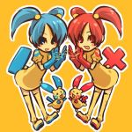  2girls blue_eyes blue_hair blush blush_stickers boots cat&#039;s_cradle cosplay gloves hitec loli minun moemon multiple_girls personification plusle pokemon pokemon_(creature) pokemon_(game) pokemon_rse red_eyes red_hair redhead siblings simple_background thigh-highs thigh_boots thighhighs twins twintails yellow_background 
