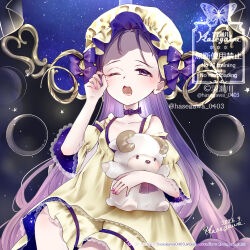  1girl artist_name bare_shoulders blush collarbone commentary_request copyright_notice dated hand_up hane_segawa hat highres long_hair looking_at_viewer mob_cap off-shoulder_shirt off_shoulder one_eye_closed open_mouth original purple_hair shirt shorts signature sitting solo star_(sky) stuffed_animal stuffed_sheep stuffed_toy tearing_up twitter_username very_long_hair violet_eyes watermark yawning yellow_hat yellow_shirt yellow_shorts 