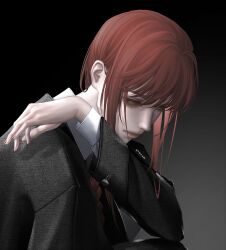  1girl @_@ black_background black_suit braid braided_ponytail chainsaw_man closed_mouth commentary formal_clothes from_side gradient_background grey_background highres long_hair long_sleeves makima_(chainsaw_man) orange_eyes red_hair shirt sidelocks solo suit untranslatable_commentary upper_body villain_neris white_shirt 