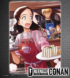  1boy 1girl amuro_tooru apron black_shirt blonde_hair blue_apron blue_eyes brown_hair cafe card_(medium) chopsticks closed_mouth coffee coffee_mug cooking copyright_logo copyright_notice cup enomoto_azusa food french_fries highres holding holding_chopsticks holding_pan holding_plate holding_tray indoors ketchup logo long_hair looking_at_food looking_back meitantei_conan meitantei_conan_card_game motion_lines mug official_art open_mouth pasta pink_shirt plate print_apron red_apron sample_watermark sandwich saucer shirt short_hair short_sleeves spaghetti speed_lines steam sweatdrop tray trya watermark zuku_p 