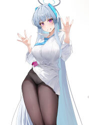  1girl absurdres black_pantyhose blue_archive blue_hair blue_necktie breasts clothes_lift commentary grin halo highres josal large_breasts long_hair looking_at_viewer necktie noa_(blue_archive) panties panties_under_pantyhose pantyhose pink_eyes shirt simple_background smile solo underwear untranslatable_commentary white_background white_panties white_shirt 