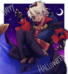  1boy black_boots black_pants blue_eyes boots border commentary_request crescent_moon demon_costume demon_horns eyepatch fire_emblem fire_emblem_fates fire_emblem_heroes full_body grey_hair hair_between_eyes halloween halloween_costume happy_halloween highres horns licking_lips looking_at_viewer male_focus moon neko_maru_1027 night niles_(fire_emblem) niles_(halloween)_(fire_emblem) official_alternate_costume pants sky smile solo star_(sky) starry_sky thigh_boots tongue tongue_out white_border 