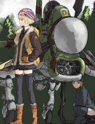  2girls aircraft airplane animal_ears bandana black_necktie blonde_hair blue_eyes bomber_jacket boots brown_eyes brown_gloves brown_hair cable camouflage collar fake_animal_ears forest fur-trimmed_boots fur_trim gloves jacket landing_gear maintenance military military_vehicle multiple_girls nature necktie on_one_knee open_cockpit original propeller_fighter roundel short_hair sky standing thigh-highs union_jack white_collar white_sky y_(khakiyawn) 