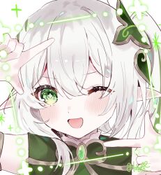  1girl :d ;d blush commentary cross-shaped_pupils finger_frame gem genshin_impact green_eyes green_gem hair_between_eyes hair_ornament hands_up highres hitsuki_(ruon) looking_at_viewer nahida_(genshin_impact) one_eye_closed open_mouth pointy_ears signature smile solo symbol-shaped_pupils upper_body white_hair 