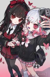  2girls :d artist_name bag bag_charm beret black_bag black_choker black_hair black_necktie black_pantyhose black_shirt black_shoes bow bug butterfly cellphone character_charm charm_(object) choker closed_mouth collared_shirt commentary_request cross-laced_clothes cross-laced_sleeves crossed_arms cup flower flower_hairclip gradient_background gradient_hair hair_bow hair_flower hair_ornament hair_ribbon hairclip hat highres holding holding_cup holding_phone long_hair long_sleeves loose_socks mahou_shoujo_no_majo_saiban multicolored_hair multiple_girls nail_polish necktie nikaido_hiro o-ring o-ring_choker o-ring_thigh_strap official_alternate_costume open_mouth pantyhose phone pink_background pink_butterfly pink_eyes pink_hair pink_shirt plaid_clothes plaid_skirt pleated_skirt red_butterfly red_eyes red_flower red_nails red_skirt red_sweater ribbon sakuraba_ema selfie shirt shoes short_hair shoulder_bag signature simple_background skirt smartphone smile socks standing sweater taking_picture teeth thigh_strap tira_27 twitter_username v white_background white_flower white_hair white_hat white_nails white_shirt white_socks x_hair_ornament yuri 