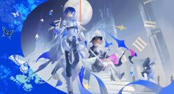  1boy 2girls absurdres aigis_(in_contemplation_of_life)_(persona) aigis_(persona) analog_clock android arknights ascot belt belt_buckle bird black_boots black_dress black_hat black_pants black_skirt blue_butterfly blue_eyes blue_gloves blue_hair boots brown_eyes brown_hair buckle bug building butterfly castle cavalier_hat clock closed_mouth commentary detached_pants dress earrings fake_halo flipped_hair from_side full_body full_moon gloves hair_over_one_eye halo hat hat_feather high_heel_boots high_heels highres holding holding_sword holding_weapon jewelry lin_qing_(phosphorus_1104) looking_to_the_side miniskirt moon multiple_girls nun_headdress official_alternate_costume pants persona persona_3 persona_3_reload profile puffy_sleeves shirt short_hair sitting skirt stairs standing sword takeba_yukari takeba_yukari_(in_vigil_of_dawn_and_dusk) thighs weapon white_ascot white_gloves white_pants white_shirt yuuki_makoto_(in_witness_of_glory)_(persona_3) yuuki_makoto_(persona_3) zettai_ryouiki 
