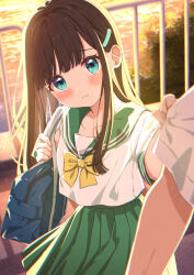  1girl aqua_eyes bag bow bowtie brown_hair closed_mouth collarbone commentary_request green_sailor_collar green_skirt hair_ornament hairclip highres long_hair looking_at_viewer moekaki426 original outdoors plaid_clothes plaid_skirt pulling_another's_clothes railing sailor_collar school_uniform serafuku shirt shoulder_bag skirt water white_shirt yellow_bow yellow_bowtie 