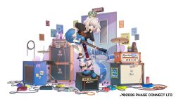  1girl :d ahoge amplifier asymmetrical_legwear belt black_shirt black_socks blue_eyes blue_skirt boots bottle cable can copyright_name copyright_notice crown drum drum_set drumsticks electric_guitar english_text full_body fur_trim gibson_les_paul guitar hair_intakes hair_ornament holding holding_guitar holding_instrument holding_plectrum instrument kneehighs leaning_forward leg_warmers looking_at_viewer loose_socks marimari_(vtuber) medium_hair mini_crown mismatched_legwear nakamori_kemuri open_mouth phase_connect playing_instrument pleated_skirt plectrum shirt shoes short_sleeves single_kneehigh single_sock single_thighhigh skirt smile socks solo speaker standing striped_clothes striped_socks thigh-highs uneven_legwear virtual_youtuber white_background white_hair 