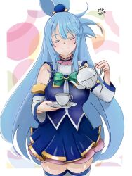  1girl aqua_(konosuba) blue_hair blue_shirt blue_skirt blue_thighhighs breasts closed_eyes closed_mouth commentary_request cowboy_shot cup detached_sleeves english_text hair_ornament hair_rings highres holding holding_plate holding_teapot kono_subarashii_sekai_ni_shukufuku_wo! kotlight large_breasts long_hair plate pleated_skirt pouring shirt single_hair_ring skirt sleeveless sleeveless_shirt smile solo sphere_hair_ornament spilling tea_set teapot thigh-highs very_long_hair water white_sleeves zettai_ryouiki 
