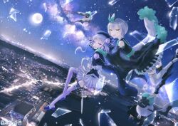  2girls 4ikur0 :d arcaea asymmetrical_legwear ayu_(arcaea) bare_shoulders beret black_cape black_dress black_hat black_thighhighs bow broken_glass cape cityscape commentary_request creature detached_sleeves dress fang floating_hair frilled_skirt frilled_wrist_cuffs frills full_moon furisode glass glass_shards grey_hair hair_between_eyes hair_bow hat highres holding holding_weapon japanese_clothes kimono kimono_dress long_sleeves luna_(arcaea) moon multiple_girls open_mouth purple_thighhighs short_hair skin_fang skirt sky sleeveless sleeveless_dress sleeveless_kimono sleeves_past_fingers sleeves_past_wrists smile star_(sky) starry_sky thigh-highs violet_eyes weapon white_hair white_skirt white_wrist_cuffs wide_sleeves wrist_cuffs yellow_eyes zettai_ryouiki 
