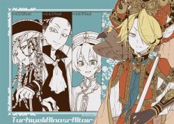  1girl 3boys abiriga_(shoukoku_no_altair) animal_on_shoulder bird bird_on_shoulder blonde_hair cape closed_mouth clothing_request commentary_request cyrus_eos_apollodoros eyes_visible_through_hair fingernails gem green_background green_eyes hair_between_eyes hair_over_one_eye hat iskandar_(shoukoku_no_altair) looking_at_viewer looking_down mahmut_bey multiple_boys niki_al-bahram open_mouth red_gem red_turban short_hair shoukoku_no_altair smile translation_request turban udog upper_body 