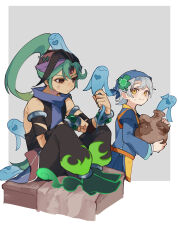  2boys absurdres apron armlet bandana black_pants black_shirt blue_hat blue_pants blue_scarf blue_shirt bracelet closed_eyes closed_mouth clover_hair_ornament commentary_request flame_print forehead_jewel four-leaf_clover_hair_ornament ghost green_hair green_shoes hair_ornament hat heart high_ponytail highres holding_ghost hursh_(outlander)_(puyopuyo) hursh_(puyopuyo) jewelry knees_up lewis_(puyopuyo) long_hair looking_at_another looking_back male_focus multiple_boys pants ponytail print_pants puyopuyo puyopuyo_quest red_eyes scarf shirt shoes short_hair sitting sleeveless sleeveless_shirt smile standing urn urolo waist_apron yellow_apron yellow_eyes 