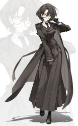  1girl absurdres black_boots black_coat black_gloves black_hair black_necktie black_skirt black_vest boots coat collared_shirt commentary full_body glasses gloves green_eyes hair_between_eyes highres jyuuku long_skirt long_sleeves necktie open_mouth original pleated_skirt semi-rimless_eyewear shadow shirt short_hair skirt tie_clip vest 
