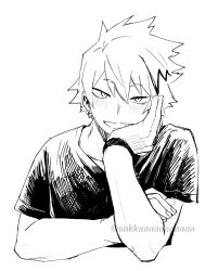  1boy aged_up arm_across_chest blush boku_no_hero_academia commentary_request crew_neck cropped_torso crosshatching dkyoudai earrings greyscale grin hair_between_eyes hand_on_own_arm hand_on_own_cheek hand_on_own_face hand_rest hands_up hatching_(texture) head_on_hand head_rest jewelry kaminari_denki linear_hatching male_focus monochrome multicolored_hair partial_commentary sanpaku shirt short_eyebrows short_hair short_sleeves simple_background smile solo straight-on streaked_hair t-shirt tsurime twitter_username watch watch white_background 