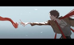  black_border border brown_hair brown_jacket clenched_teeth commentary eren_yeager facial_mark falling_petals furrowed_brow grey_background grey_shirt highres jacket jewelry kana_cat key key_necklace letterboxed male_focus necklace outstretched_hand petals red_scarf restrained scarf shingeki_no_kyojin shirt short_hair teeth upper_body white_petals 