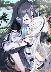  2girls absurdres aqua_halo aris_(blue_archive) black_hair black_hairband blue_archive blue_necktie blush double-parted_bangs hair_between_eyes hairband halo highres jacket kei_(blue_archive) kei_(student)_(blue_archive) long_hair long_hair_between_eyes long_sleeves multiple_girls necktie one_side_up open_mouth pink_halo rectangular_halo shirt siblings sisters skirt thigh-highs thomason366 twins very_long_hair white_hair white_jacket white_shirt 