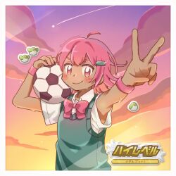  1girl 3others ahoge aqua_vest armpits ball bird bow bowtie clouds collared_shirt dark-skinned_female dark_skin dawn flying_referees_(rhythm_tengoku) gradient_sky highres looking_at_viewer multiple_others orange_eyes orange_sky pink_bow pink_bowtie pink_hair purple_sky rhythm_tengoku rhythm_tengoku_miracle_stars shirt shooting_star short_sleeves sky soccer_ball solo sora_(rhythm_tengoku) upper_body v vest white_shirt yellow_sky yukumorusui 