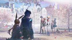  1other 2boys 4girls aigis_(persona) albino amada_ken amiya_(arknights) android animal animal_ears aqua_hair aqua_sweater arknights armband arrow_(projectile) belt black_capelet black_coat black_gloves black_hairband black_jacket black_pants black_shoes black_skirt black_socks blonde_hair blue_hair brown_hair capelet cherry_blossoms clear_sky clothed_animal coat collar day doctor_(arknights) dog european_architecture evoker fake_wings falling_petals finger_cannon from_behind game_asset gloves gold_hairband grey_dog gun hairband hand_in_pocket headphones highres holster hood hood_up hooded_coat jacket joints kneehighs koromaru_(persona) loafers long_hair looking_at_another miniskirt multiple_boys multiple_girls non-web_source official_art open_clothes open_jacket outdoors pants pantyhose persona persona_3 persona_3_reload petals pink_petals pleated_skirt ponytail quiver rabbit_ears rabbit_girl red_armband rhodes_island_uniform robot_ears robot_joints s.e.e.s school_uniform shiba_inu shirt shoes short_hair shoulder_belt sidelocks skirt sky socks standing sweater takeba_yukari thigh_holster tree visor_cap weapon white_belt white_pantyhose white_shirt white_socks wings yamagishi_fuuka yuuki_makoto_(persona_3) 