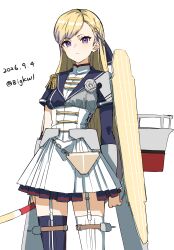  1girl absurdres asymmetrical_legwear bearn_(kancolle) bigkwl blonde_hair blue_thighhighs closed_mouth commentary cowboy_shot dated dated_commentary garter_straps highres kantai_collection long_hair miniskirt mismatched_legwear one-hour_drawing_challenge pleated_skirt simple_background skirt solo thigh-highs twitter_username violet_eyes white_background white_skirt white_thighhighs 
