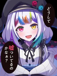  1girl :d absurdres beret black_background black_hat bow collared_shirt colored_tips commentary_request contrast_collar dot_nose hair_bow hat heterochromia highres jacket jacket_partially_removed jogasaki_noah long_hair looking_at_viewer mahou_shoujo_no_majo_saiban multi-tied_hair multicolored_eyes multicolored_hair neck_ribbon nnoilaa off_shoulder open_mouth polka_dot polka_dot_bow red_eyes ribbon shirt simple_background smile solo speech_bubble streaked_hair translation_request upper_body white_hair white_shirt yellow_eyes 