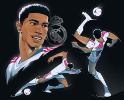  1boy ball black_background black_hair commentary dark-skinned_male dark_skin full_body highres jude_bellingham male_focus multiple_views ojiroshaul real_life real_madrid short_hair smile soccer_ball soccer_uniform sportswear standing standing_on_one_leg 
