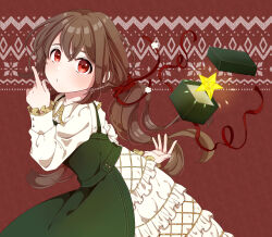  1girl absurdres apron artist_name brown_hair buttons closed_mouth collared_dress commentary dress english_commentary floral_bow frilled_dress frilled_dress_collar frilled_sleeves frills from_side green_apron highres long_hair long_sleeves moekaki426 original pointing pointing_up red_eyes red_ribbon ribbon solo twitter_username white_dress 
