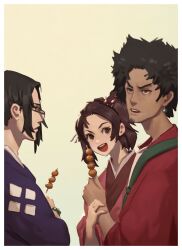  1girl 2boys absurdres afro black_hair blue_shirt border brown_eyes brown_hair character_request check_character commentary dango dark-skinned_male dark_skin dotr_art earrings food fuu_(samurai_champloo) glasses hair_ornament hair_stick hand_on_another's_wrist high_ponytail highres holding holding_food jacket japanese_clothes jewelry jinnosuke kimono looking_at_another mitarashi_dango mugen_(samurai_champloo) multiple_boys nail_polish open_mouth pink_kimono pink_nails ponytail red_jacket samurai_champloo shirt simple_background skewer teeth untranslatable_commentary upper_body upper_teeth_only v-shaped_eyebrows wagashi white_border white_shirt 
