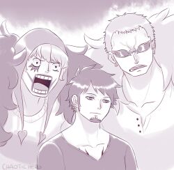  3boys artist_name brothers caydeus commentary donquixote_doflamingo donquixote_rocinante earrings english_commentary facial_hair feather_cape goatee hood jewelry makeup multiple_boys one_piece shirt short_hair siblings sideburns sunglasses trafalgar_law 