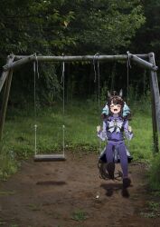  1girl :d ^_^ absurdres ahoge amane_hikari animal_ears aqua_ribbon blush bow bowtie brown_hair closed_eyes colored_inner_animal_ears commentary_request daring_tact_(umamusume) facing_viewer grass hair_ornament hair_ribbon highres horse_ears horse_girl long_hair long_sleeves open_mouth outdoors pleated_skirt purple_sailor_collar purple_shirt purple_skirt purple_thighhighs ribbon sailor_collar school_uniform shirt skirt smile solo swing thigh-highs tracen_school_uniform umamusume white_bow white_bowtie winter_uniform 