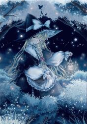 1girl absurdres apron black_capelet black_eyes black_hat black_skirt blonde_hair blue_flower book bow braid branch bush capelet colored_pencil_(medium) commentary_request flower foliage forest frilled_apron frills hair_bow hat hat_bow highres holding holding_book holding_lantern kirisame_marisa lantern leaf light_particles long_hair long_sleeves mixed-language_commentary nature night red_bow shirt single_braided_sidelock skirt solo sorakun_ai1y touhou traditional_media white_apron white_bow white_capelet white_shirt witch_hat 