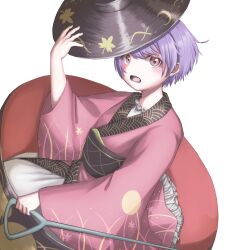  1girl bowl bowl_hat brown_sash commentary_request hands_on_headwear hasukappu hat highres holding holding_needle in_bowl in_container japanese_clothes kimono long_sleeves needle obi open_mouth pink_kimono purple_hair sash short_hair simple_background solo sukuna_shinmyoumaru touhou white_background wide_sleeves 