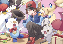 1boy absurdres audino blue_jacket box brown_eyes brown_hair commentary_request emolga gift gift_box hat highres hilbert_(pokemon) holding holding_unworn_clothes holding_unworn_hat indoors jacket long_sleeves male_focus minccino on_one_knee open_mouth oshawott pants pokemon pokemon_(creature) pokemon_black_and_white red_shoes shoes short_hair unworn_hat unworn_headwear yukinoko2200 zipper_pull_tab 