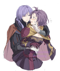  1boy 1girl aisling0430 bangs_pinned_back behind_another bernadetta_von_varley blush commentary english_commentary fire_emblem fire_emblem:_three_houses fire_emblem_warriors:_three_hopes gloves hand_on_another's_chin hetero highres purple_hair topknot white_background yuri_leclerc 
