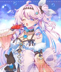  1girl ahoge black_bow blue_eyes blue_hair blush bow breasts chain colored_inner_hair commentary_request denia_(wuthering_waves) detached_sleeves dress gloves hair_bow hair_intakes hair_ornament hand_up highres looking_at_viewer medium_breasts multicolored_hair one_eye_closed open_mouth pink_hair red_gloves solo stuffed_toy upper_body white_dress wuthering_waves yawning yuyuhi_gm 
